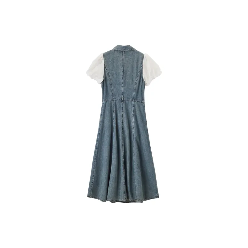 XIANGYING Short Sleeved Dress Women's Denim Blue-1