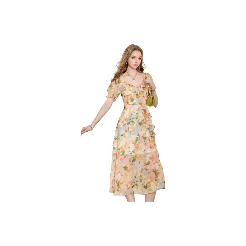 ELF SACK Short Sleeved Dresses Women's Sweet Style Yellow Cream-1
