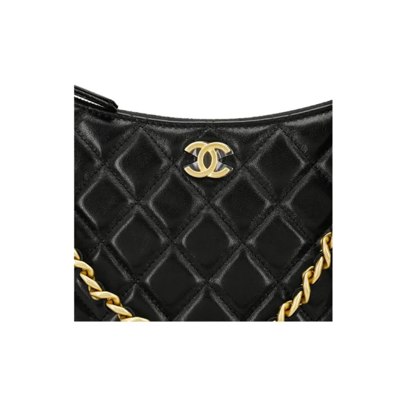CHANEL Lambskin Hobo Bag, Portable Crossbody Bag, Shoulder Bag Women's Black-4