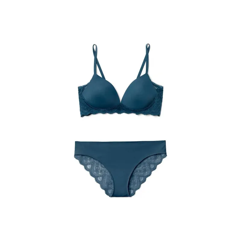 Victoria's Secret PINK ADORE ME Janey Plunge Bra + Panty Set/Key Largo Underwear Set Women's Dark Blue-0