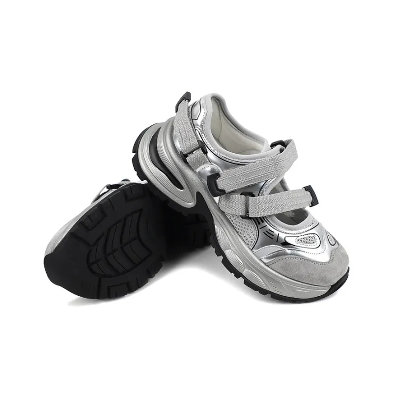QIAONAI Height Increasing Low Top Chunky Sneakers Women's Silver-4