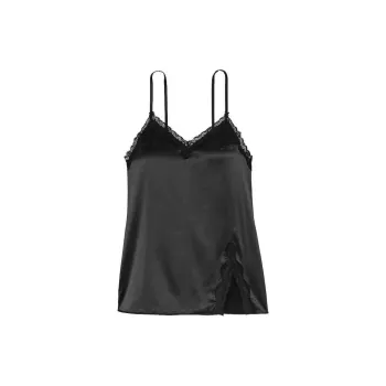 Victoria's Secret Tease Satin Lace Trim Mini Slip/Bk Nightgown Women's Black
