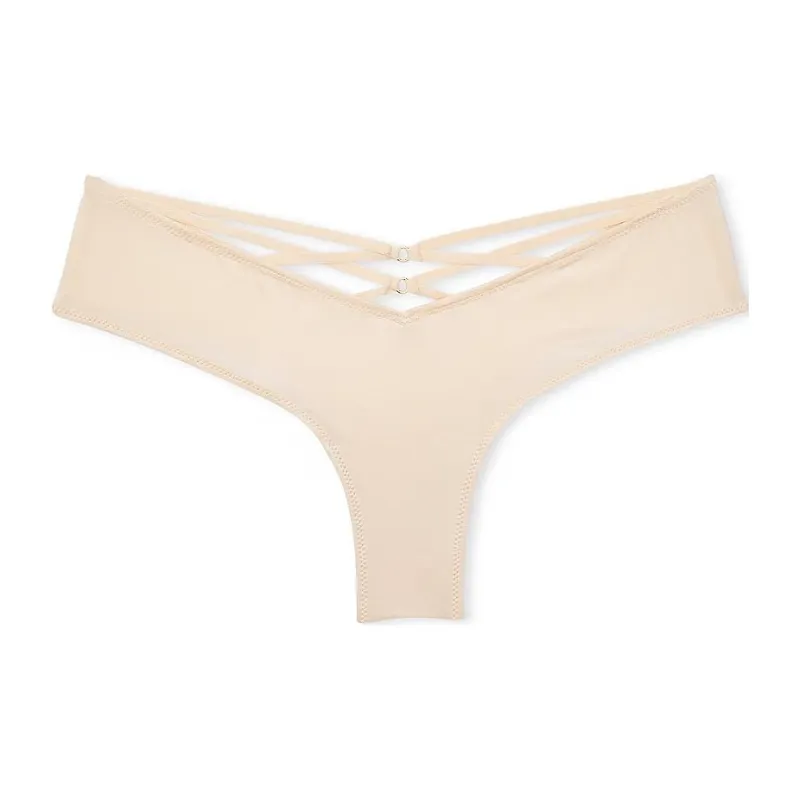 Victoria's Secret VERY SEXY Strappy Back High Leg Cheeky Panty/Beige Underpants Women's 1 Pack Beige-0