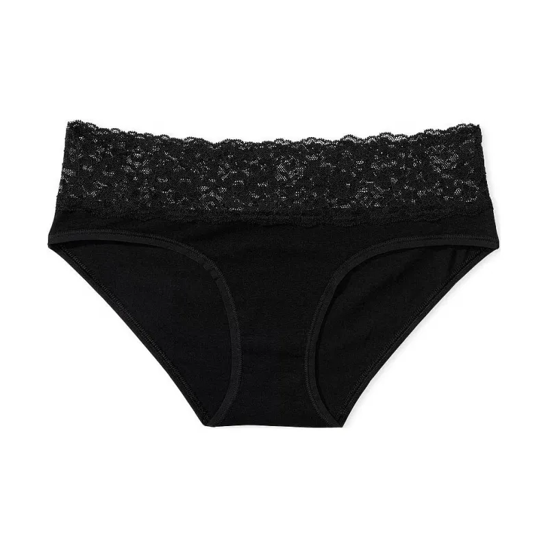 Victoria's Secret PINK THE LACIE Lace-Waist Cotton Hiphugger Panty/Black Underpants Women's 1 Pack-0