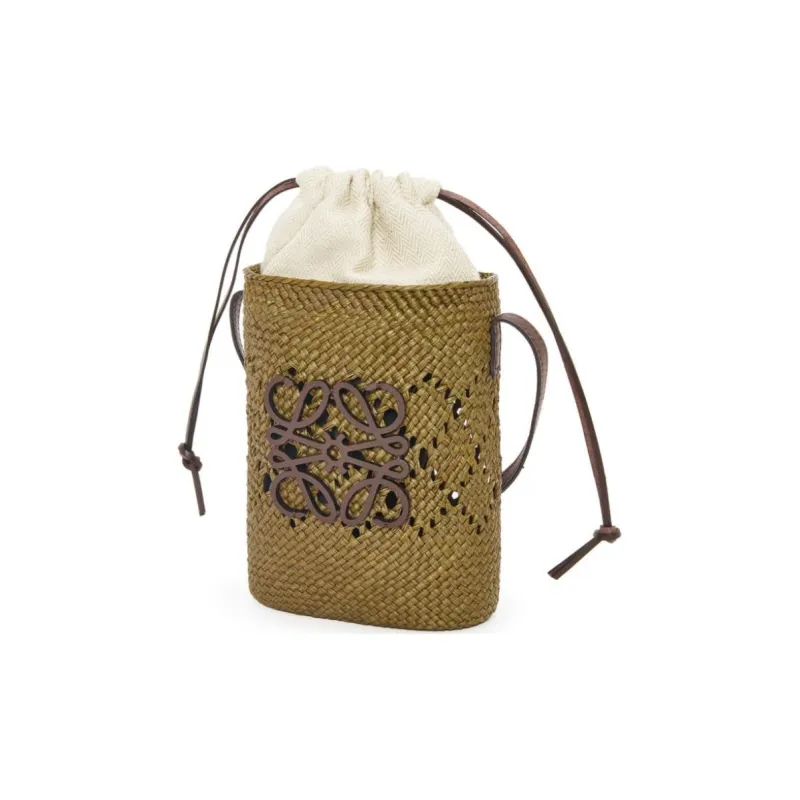 LOEWE Palm Leaf With Calfskin Bucket Bags Crossbody Bag, Shoulder Bag Women's Olive & Chestnut-2