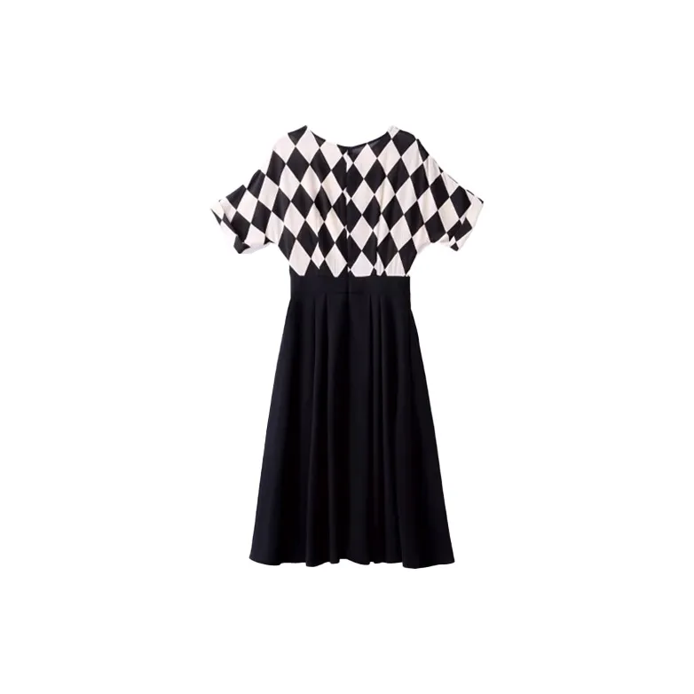Mapping Short Sleeved Dresses Women's Black White Diamond Pattern-1