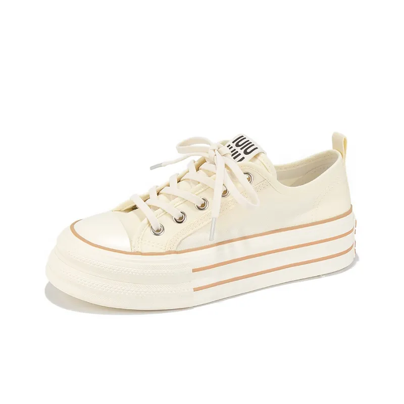Yobn Breathable Height Increasing Low Top Canvas Shoes Women's Beige-2