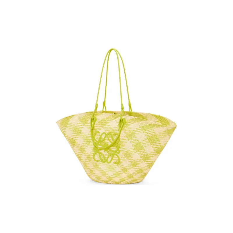 LOEWE Anagram Basket Palm With Calfskin Handbag Large Size Women's Natural & Lime Green-1