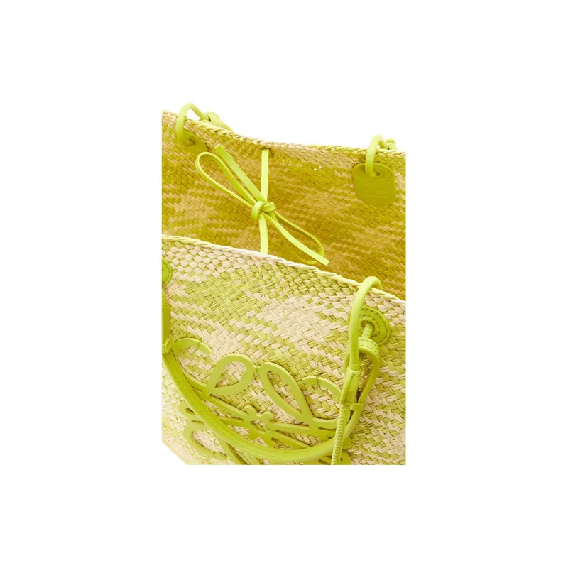 LOEWE Anagram Basket Palm With Calfskin Handbag Large Size Women's Natural & Lime Green-3