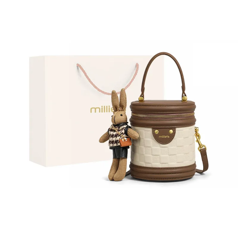 MILLIE'S Cow Leather Bucket Bag, Shoulder Bag, Crossbody Bag, Handbag, Cylinder Bag Regular Women's Ecru-0