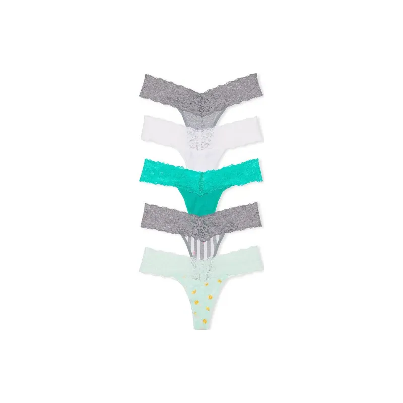 Victoria's Secret PINK 5-Pack Lace-Waist Cotton Thong Panties/EM Underpants Women's 5 Pack Multicolor-0