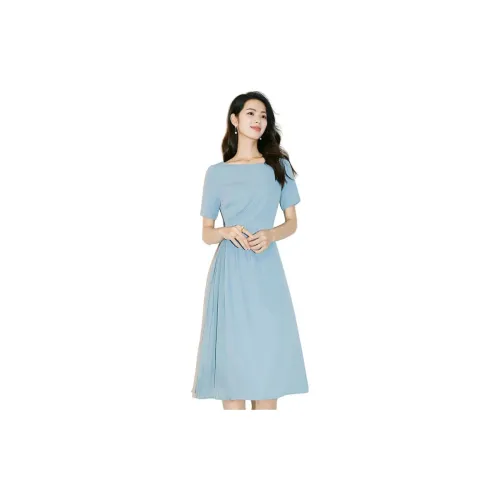 Late White Short-Sleeved Dresses Women's Blue