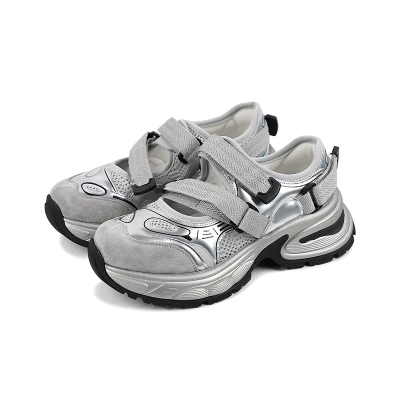 QIAONAI Height Increasing Low Top Chunky Sneakers Women's Silver-2
