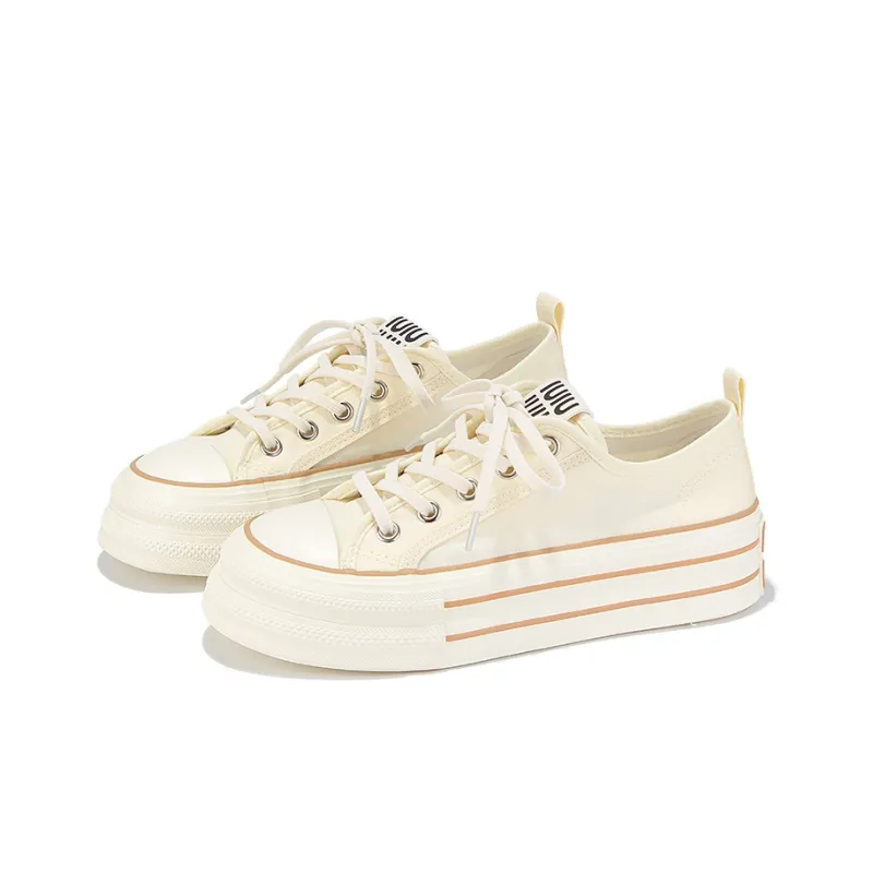 Yobn Breathable Height Increasing Low Top Canvas Shoes Women's Beige-3