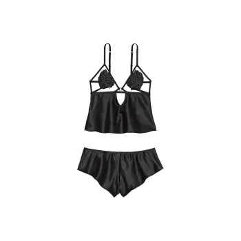 Victoria's Secret PINK Satin Tropical Leaf Open-Cup Cami Set/Bk Pajama Set Women's Black