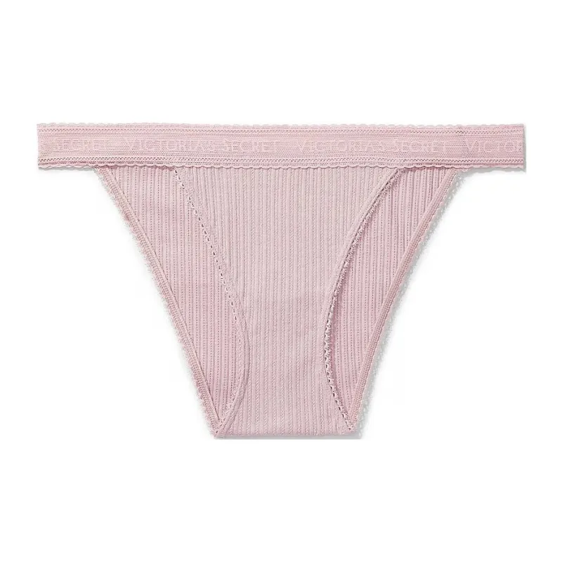 Victoria's Secret PINK COTTON Logo Cotton Lace-Waist Tanga Panty / Grey Underpants Women's 1 Pack Gray-0