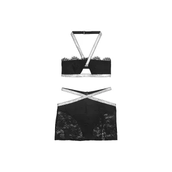 Victoria's Secret Pink NEW! Shine Strap Halter Bralette&MiniSkirtSet/black Pajama Set Women's Black