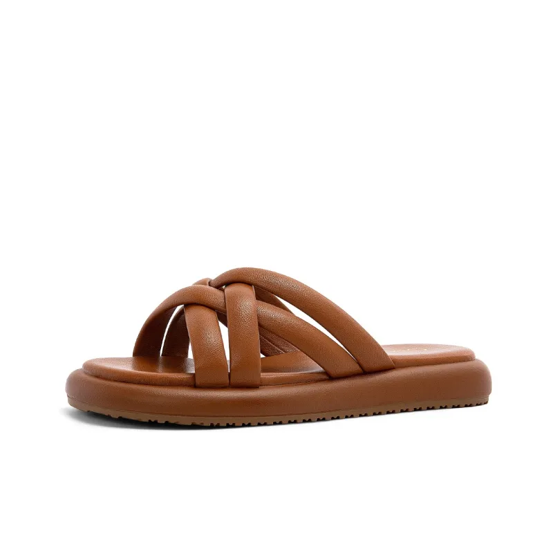 OMS Slide Slippers Women's White/Brown-5