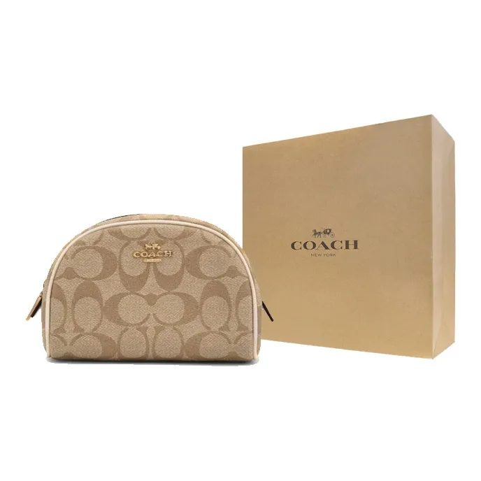 COACH Canvas With Leather Canvas Bag, Handheld Makeup Bag Trumpets Women's Khaki-5