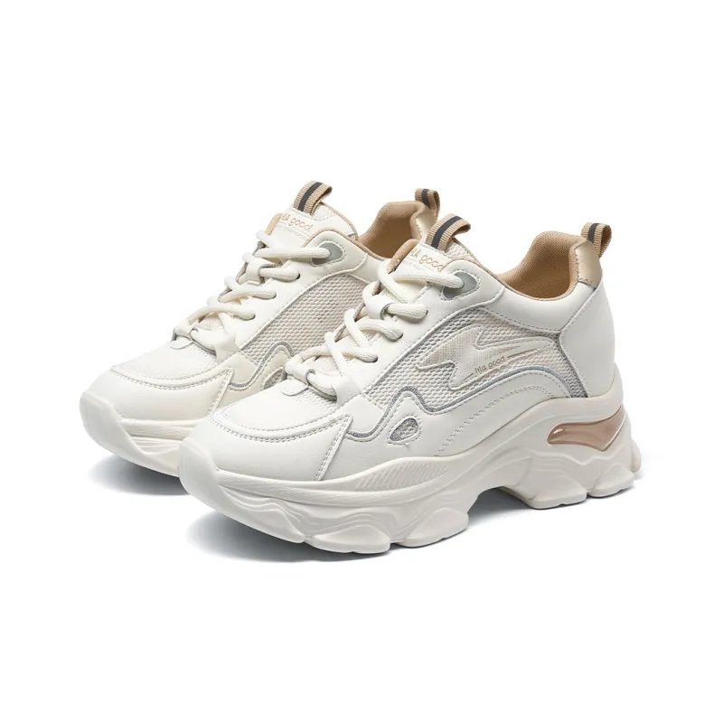 HLA Breathable Chunky Sneakers For Women's 2024 Summer New Arrival Mesh Patchwork Hidden Wedge Petite White Sneakers-1