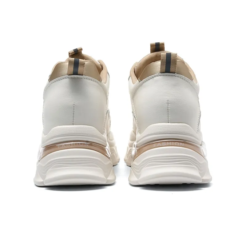 HLA Breathable Chunky Sneakers For Women's 2024 Summer New Arrival Mesh Patchwork Hidden Wedge Petite White Sneakers-3