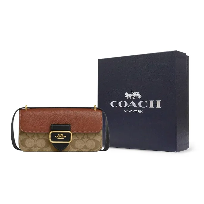 COACH Morgan Cow Leather With Artificial Leather Shoulder Bag, Crossbody Bag Trumpets Women's Khaki & Red Brown & Black-8
