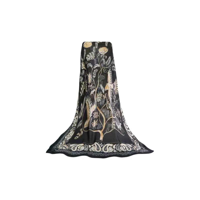 Eucalyptus Ornamentation Silk Scarves Women's Black-1
