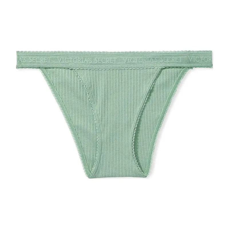 Victoria's Secret PINK COTTON Logo Cotton Lace-Waist Tanga Panty / Green Underpants Women's 1 Pack Green-0