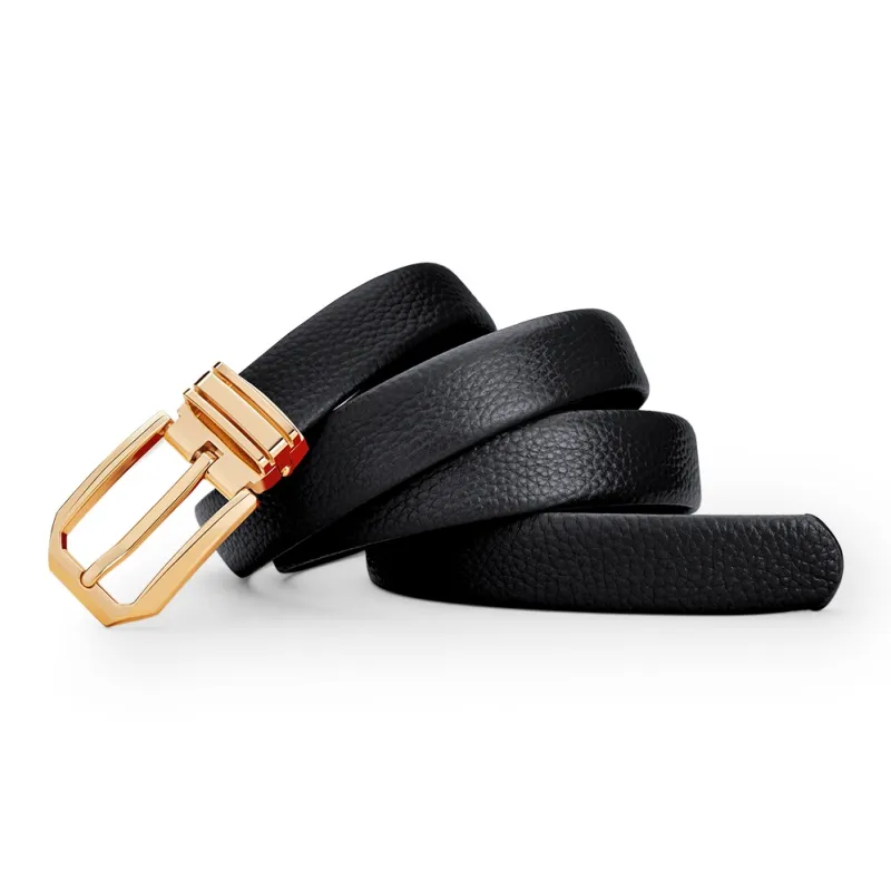 WilliamPOLO Cow Leather Leather Belts Women's Gold Buckle Black Strap 2.4cm Width-2
