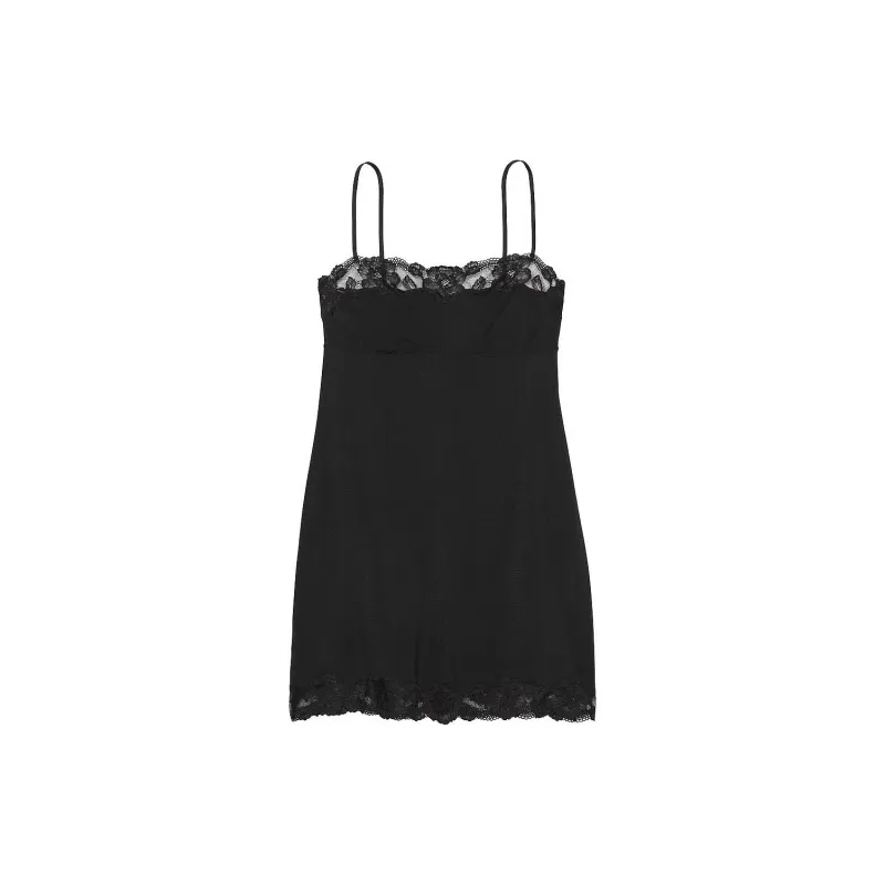 Victoria's Secret PINK Modal Lace-Trim Straight-Neck Slip Dress/Black Nightgown Women's Black-0
