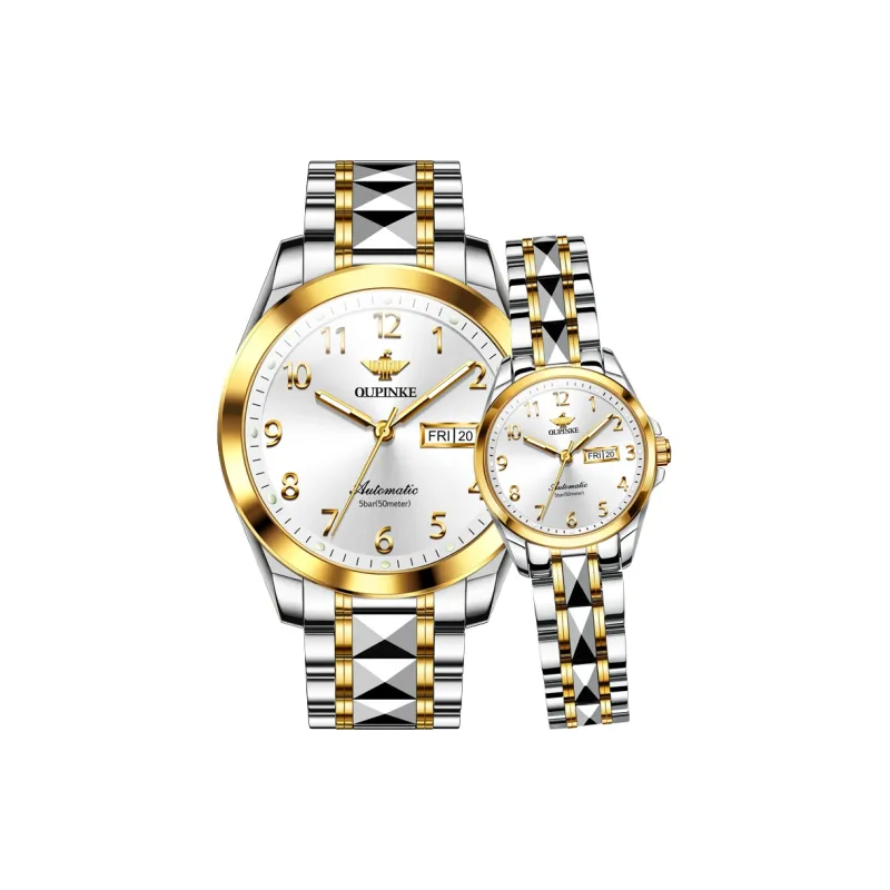 Oupinke Watch Couple's 1 Pair Mechanical Movement Stainless Steel Watchband Watch Unisex White Dial-9