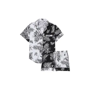 Victoria's Secret Solid Color Short Sleeved Elastic/white Pajama Set Women's White Tropical Printed Fabric