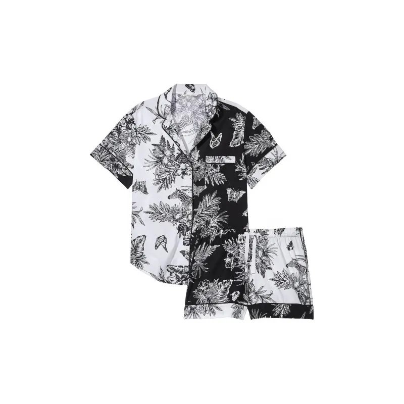 Victoria's Secret Solid Color Short Sleeved Elastic/white Pajama Set Women's White Tropical Printed Fabric-0