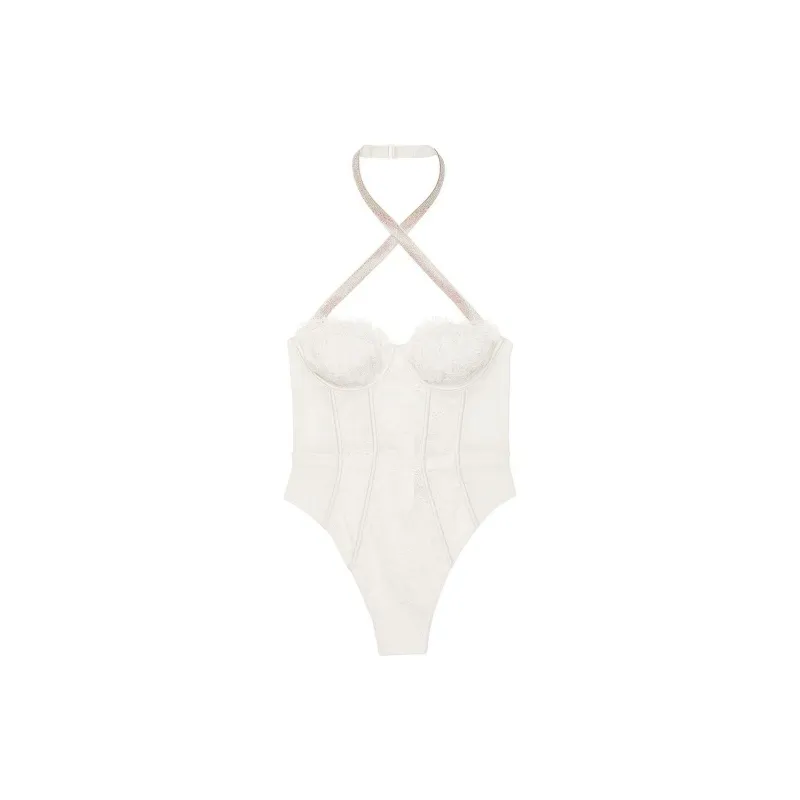 Victoria's Secret PINK/VERY SEXY Shine Strap Halter Lace Teddy/W Bodysuits Women's Coconut White-0