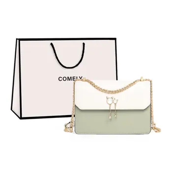 COMELY Cow Leather Patchwork Synthetic Leather Small Square Bag Crossbody Bags Small Size Women's Matcha Green