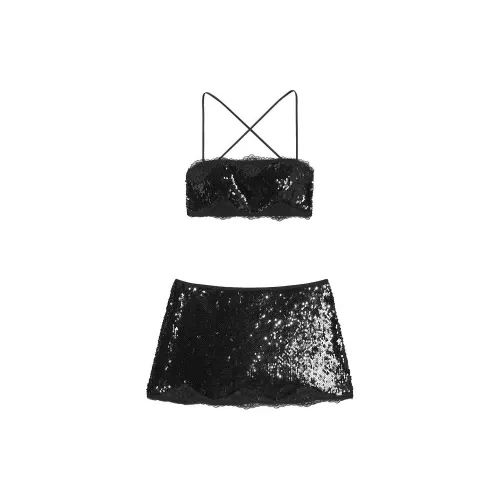 Victoria's Secret PINK/VICTORIA'SSECRET Sequin Bralette &Mini Skirt Set Underwear Set Women's Black