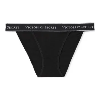 Victoria's Secret PINK ALL SHOES Logo Cotton Lace-Waist Tanga Panty/Black Underpants Women's 1 Pack Black