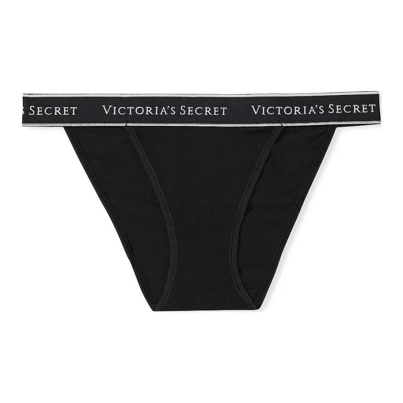 Victoria's Secret PINK ALL SHOES Logo Cotton Lace-Waist Tanga Panty/Black Underpants Women's 1 Pack Black-0