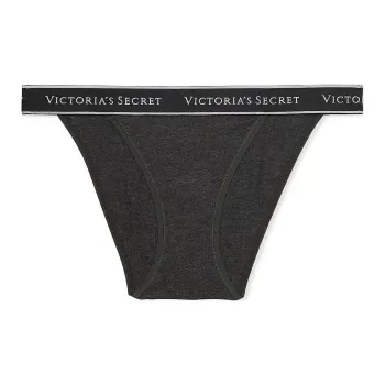 Victoria's Secret PINK COTTON Logo Cotton Lace-Waist Tanga Panty / Grey Underpants Women's 1 Pack Gray