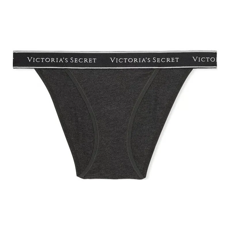 Victoria's Secret PINK COTTON Logo Cotton Lace-Waist Tanga Panty / Grey Underpants Women's 1 Pack Gray-0