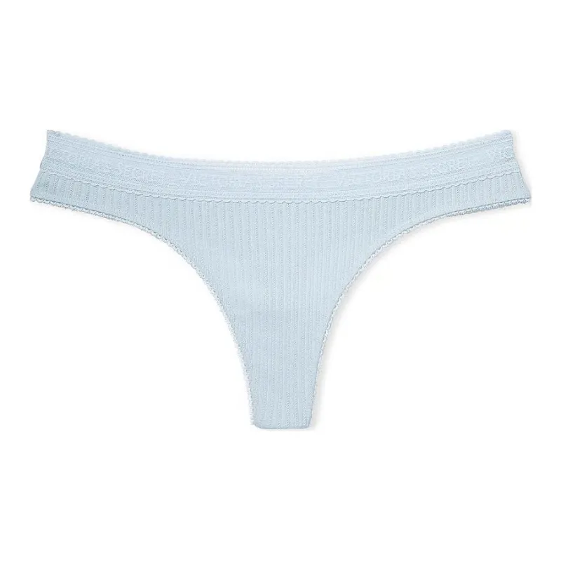 Victoria's Secret COTTON Logo Cotton Lace-Waist Thong Panty BB Underpants Women's 1 Pack Light Blue-0