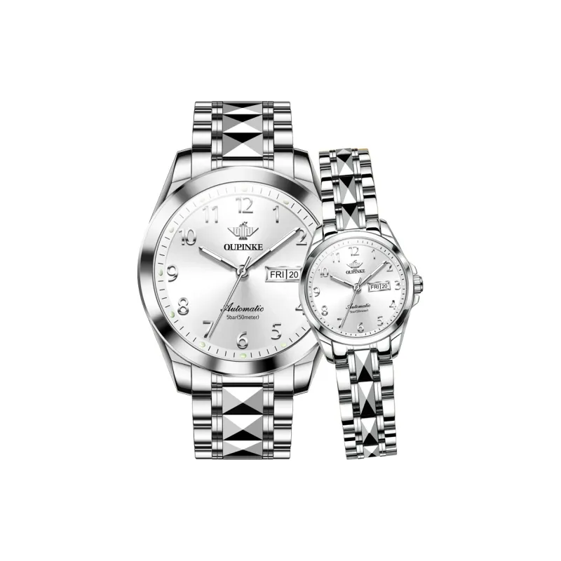 Oupinke Watch Couple's 1 Pair Mechanical Movement Stainless Steel Watchband Watch Unisex White Dial-1