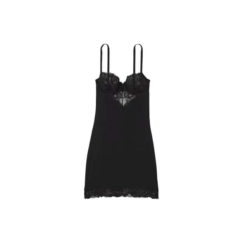 Victoria's Secret PINK Modal & Lace Cupped Mini Slip Dress / Black Nightgown Women's Black-0