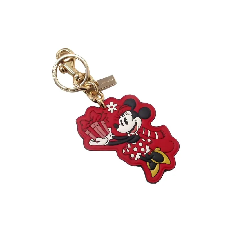 COACH Disney Collaboration Smooth Leather Bag Decor Key Ring Bag Accessory Unisex Gold & Electric Red-2