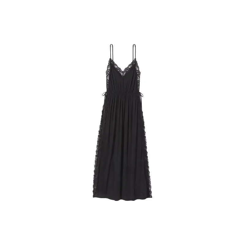 Victoria's Secret PINK Modal Lace-Trim High-Slit Maxi Slip Dress/Black Nightgown Women's Black-0