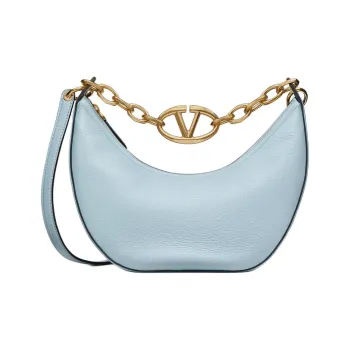 Valentino Vlogo Moon Grained Cow Leather Hobo Bag Handbag Shoulder Bag Crossbody Bag Small Size Women's Glacier Blue