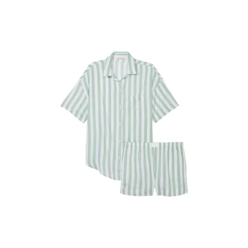 Victoria's Secret Pink Modal-CottonShortPajamaSet/BlueCrescentStripes Pajama Set Women's Sea Salt Green Stripes