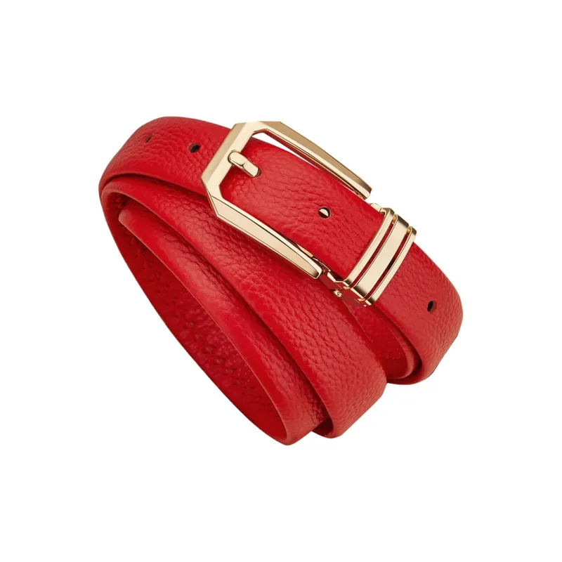 WilliamPOLO Top Grain Cow Leather Belts Women's Gold Buckle Red Strap 2.4cm Width-2