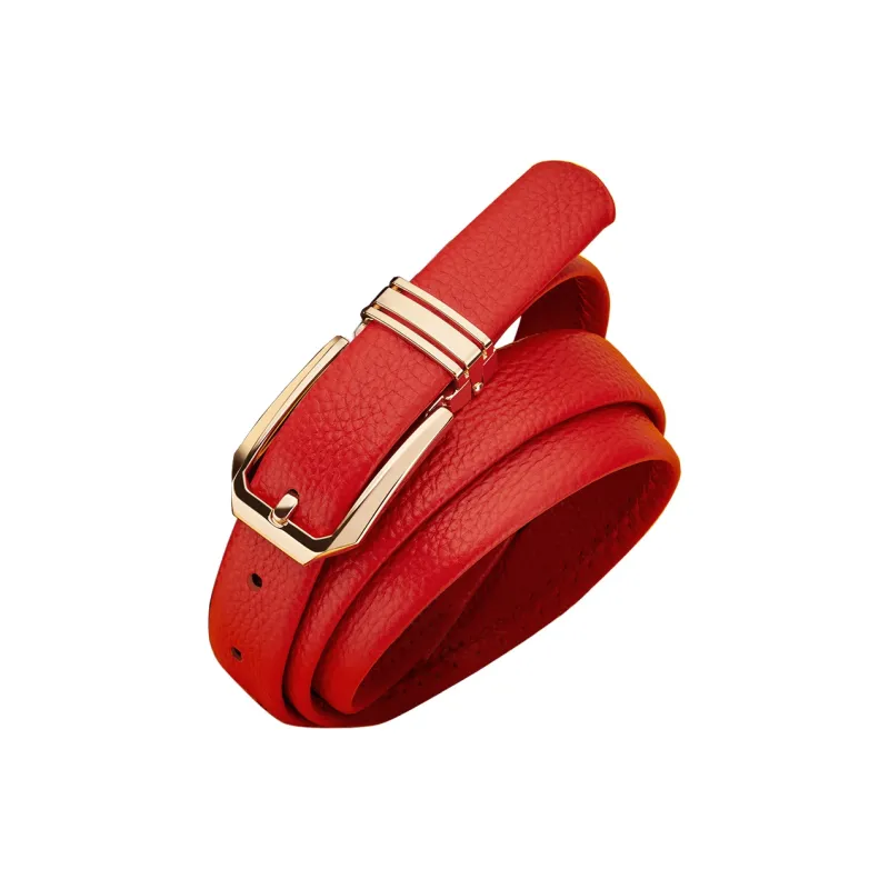 WilliamPOLO Top Grain Cow Leather Belts Women's Gold Buckle Red Strap 2.4cm Width-3