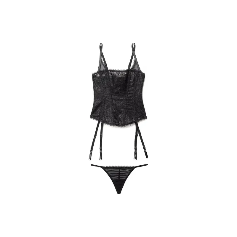Victoria's Secret PINK ADORE ME Vira Corset & Panty Set V Underwear Set Women's Black-0